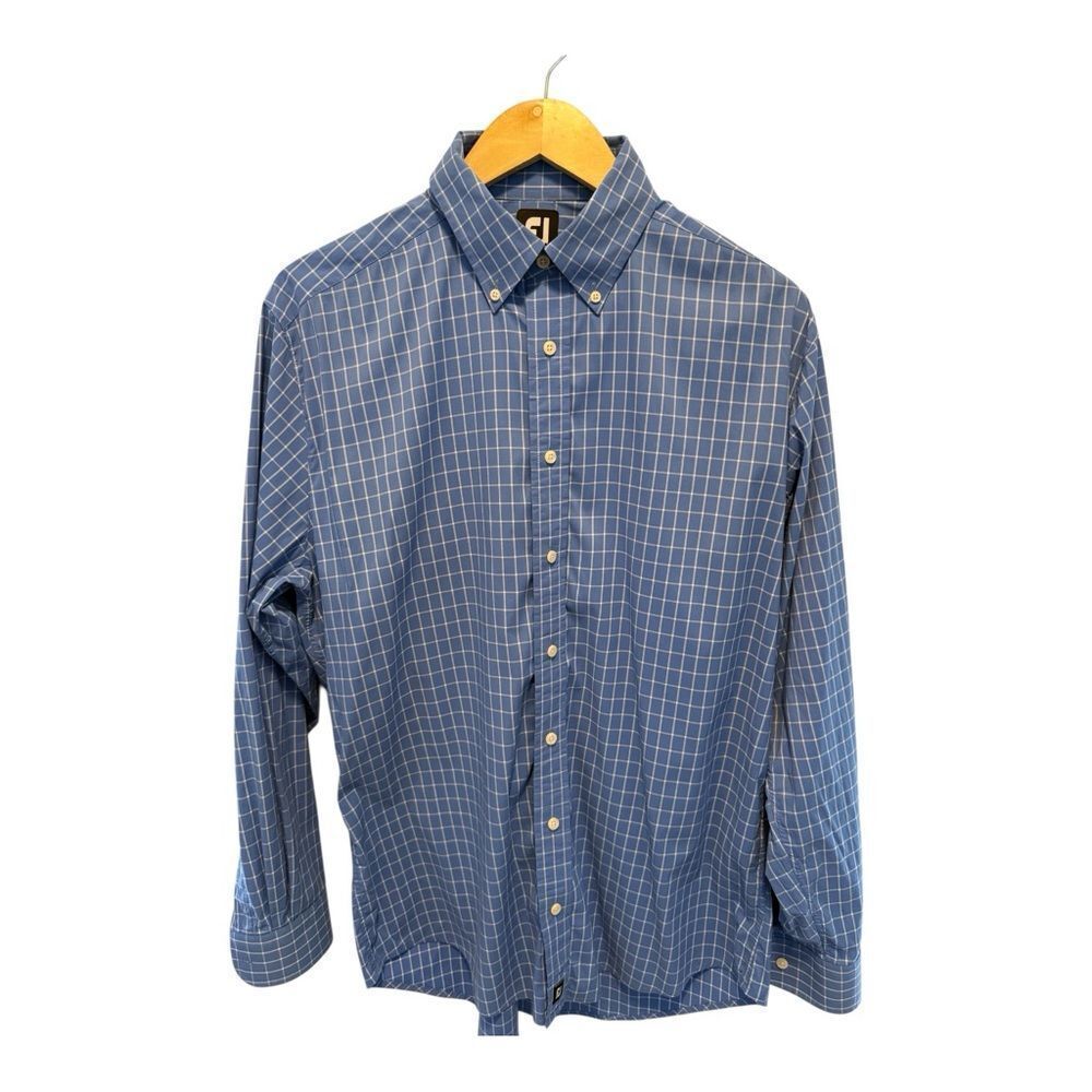 FootJoy Mens Large Blue Windowpane Button-Down Shirt Golf, Casual, Preppy